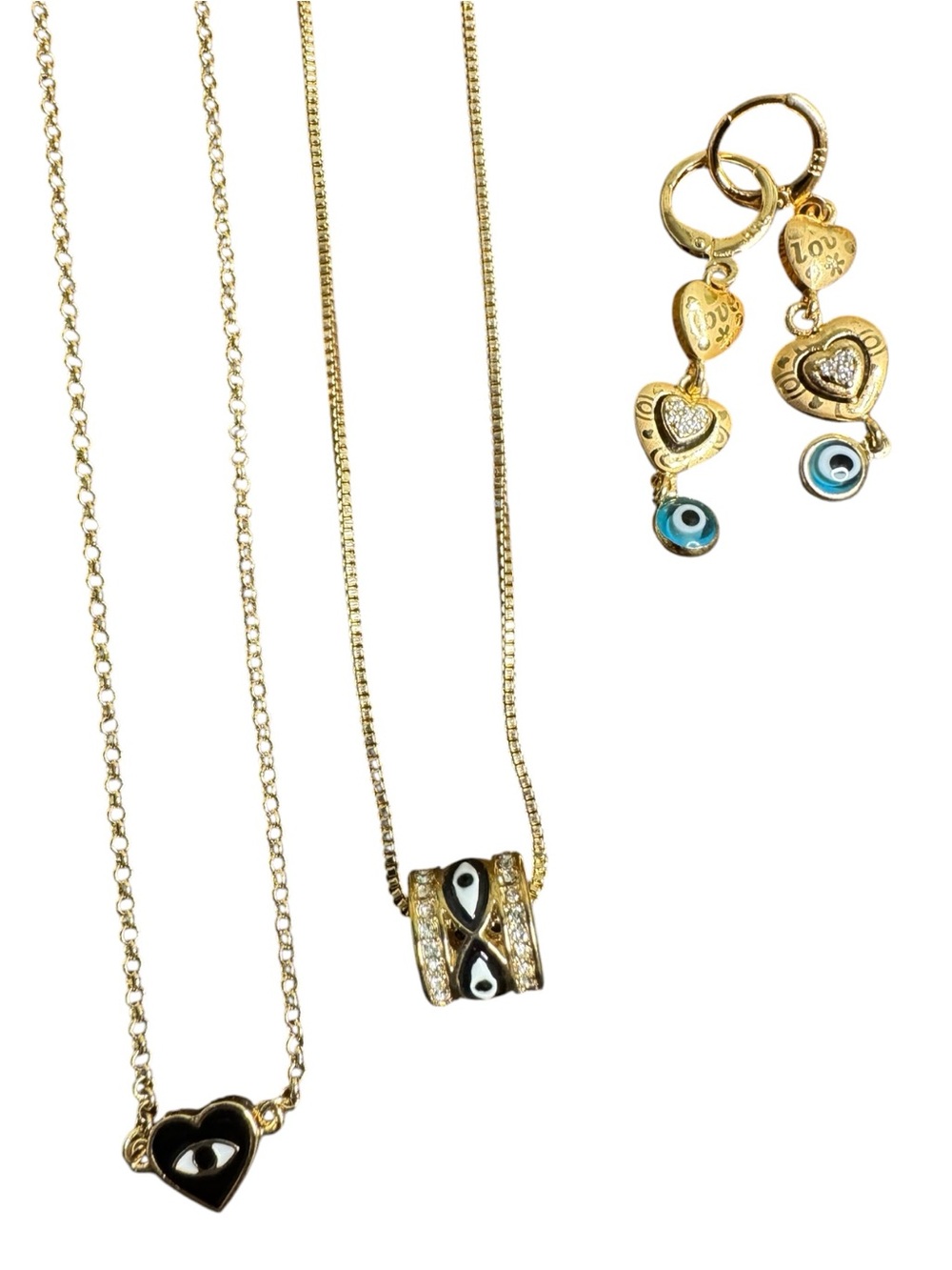 Gold-Tone Heart & Evil Eye Necklace and Earrings Bundle Y2K Mystic